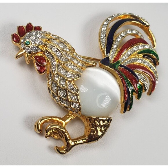 Vintage Moonstone Jelly Belly Body Enamel Crystal Rhinestone Rooster Brooch - Picture 7 of 13